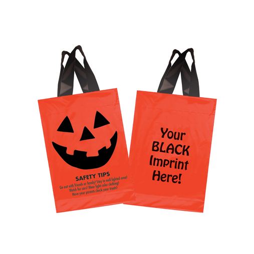 Custom Printed Halloween Stock Design Orange Soft Loop Shopper • Pumpkin Face & Safety Tips - 13SL1015-FI